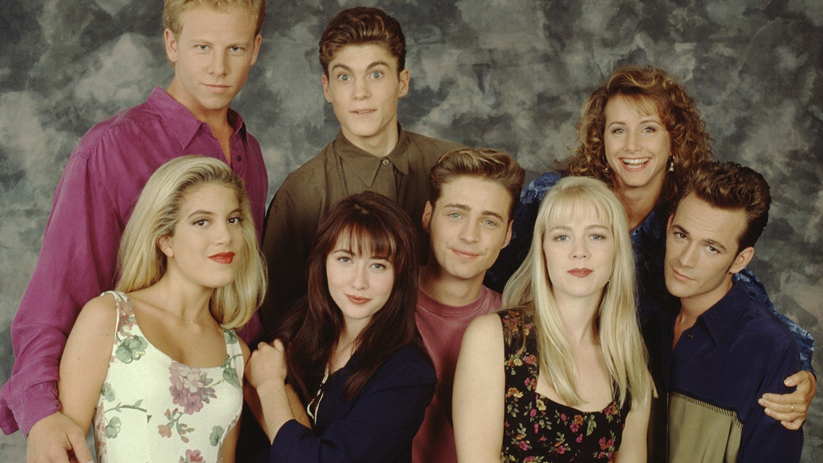 The cast of "Beverly Hills 90210" in a photo for the show (Ian Ziering, Tori Spelling, Shannen Doherty, Brian Austin Green, Jason Priestley, Jennie Garth, Gabrielle Carteris and Luke Perry)