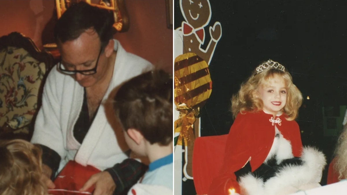 A split image of John Ramsey opening a Christmas gift with JonBenet and Burke beside a photo of JonBenet in a Christmas parade