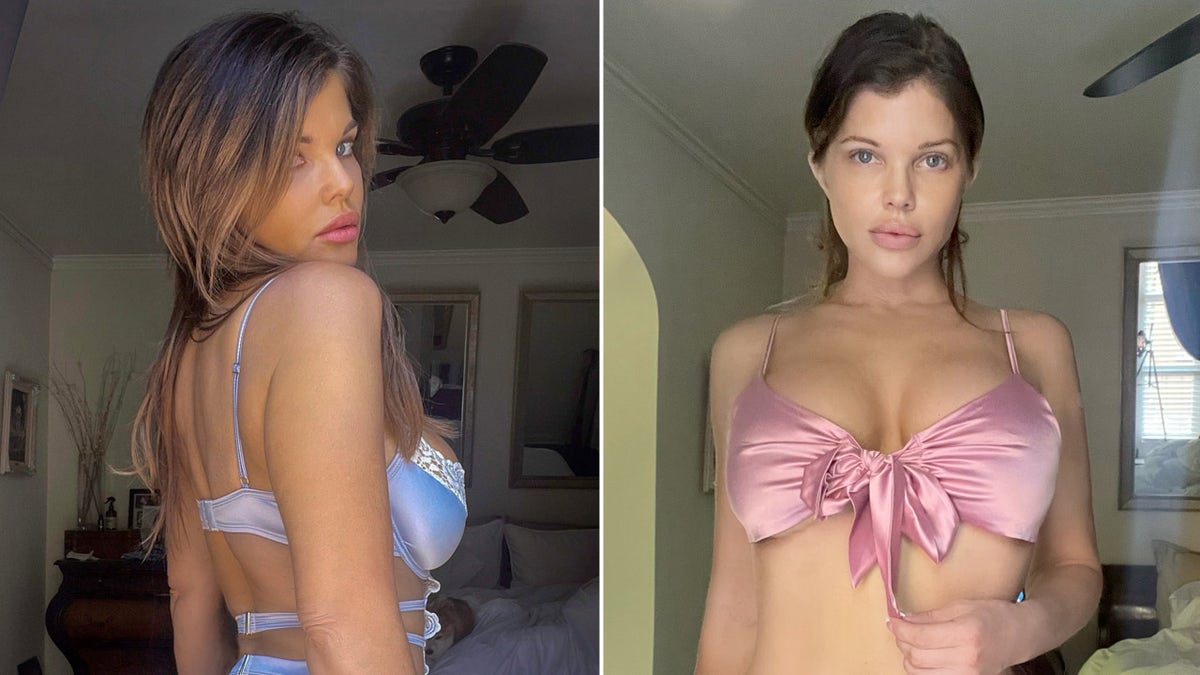 Donna D'Errico snaps lingerie photos wearing blue and pink bra