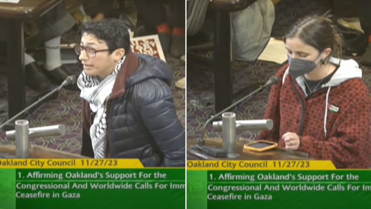 A split of two speakers at a Oakland City Council meeting