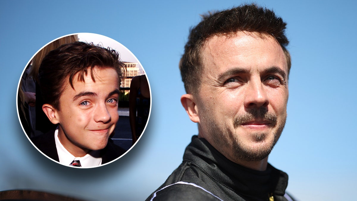 Frankie Muniz in a black racecar jacket looks off in the distance inset a photo of a young Frankie Muniz grinning at the camera
