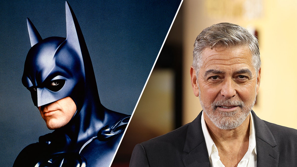 George Clooney in his batman costume split George Clooney soft smiles on the carpet