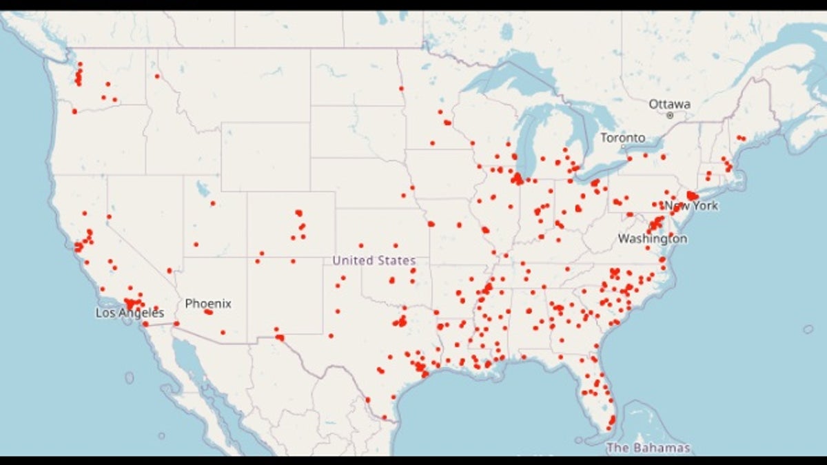 Map of mass shootings in 2023 put together by Gun Violence Archive.