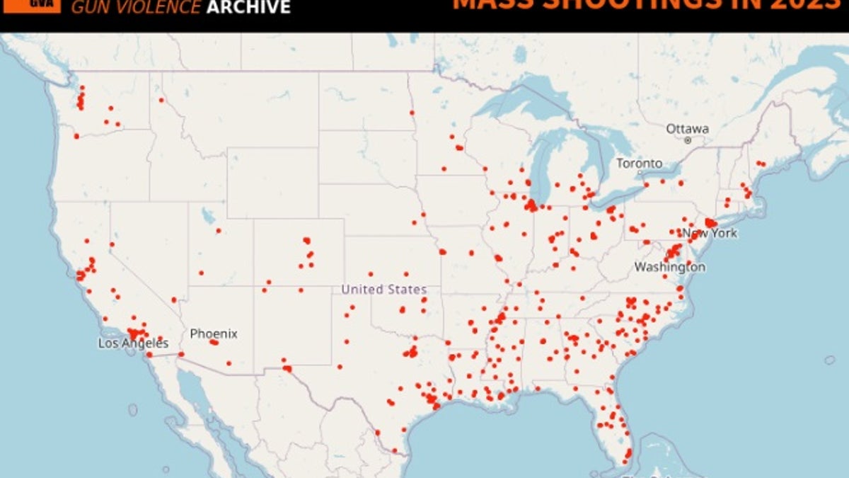 Map of mass shootings in 2023 put together by Gun Violence Archive.