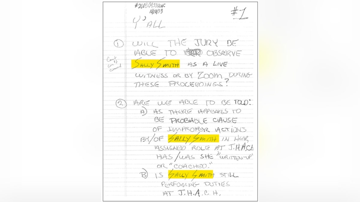 Juror No. 1's notes featuring Sally Smith's name with sharp 'S' letters
