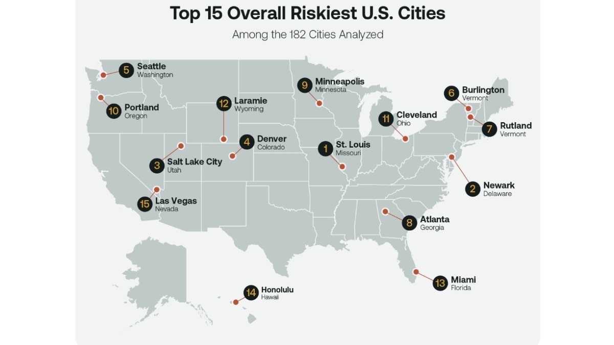 The top 10 most unsafe cities displayed on a map of the U.S.