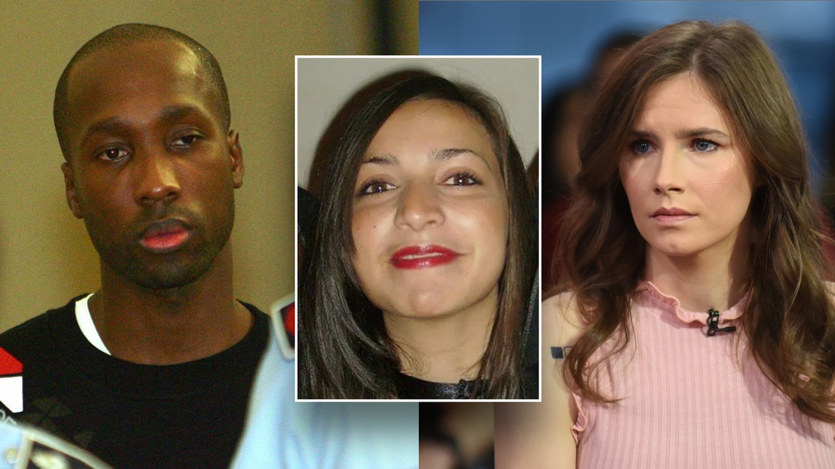 A split image of Rudy Guede, Meredith Kercher and Amanda Knox