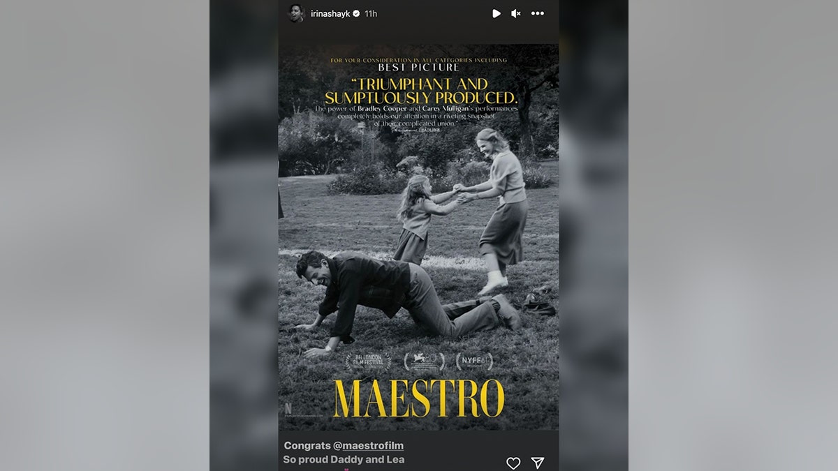 Pôster do filme "Maestro" com os comentários de Irina Shayk escritos abaixo em sua história no Instagram