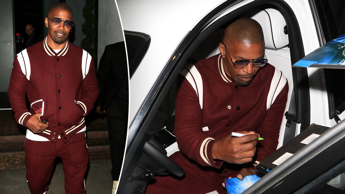 Jamie Foxx walks out in a maroon tracksuit split Jamie Foxx gets in his white vehicle and signs an autograph