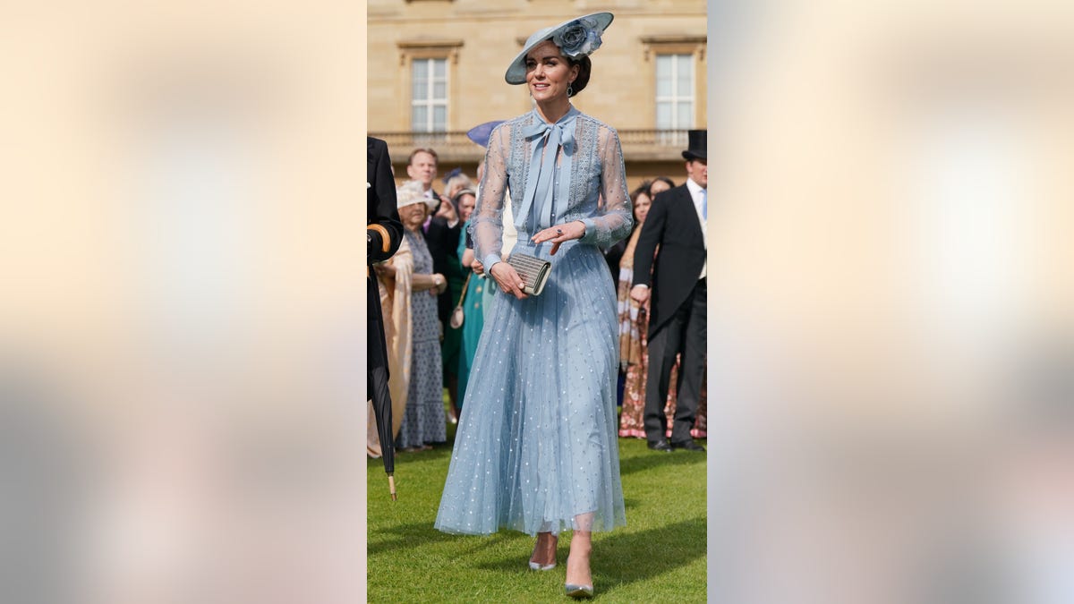 Kate Middleton in a blue dress with sheer sleeves