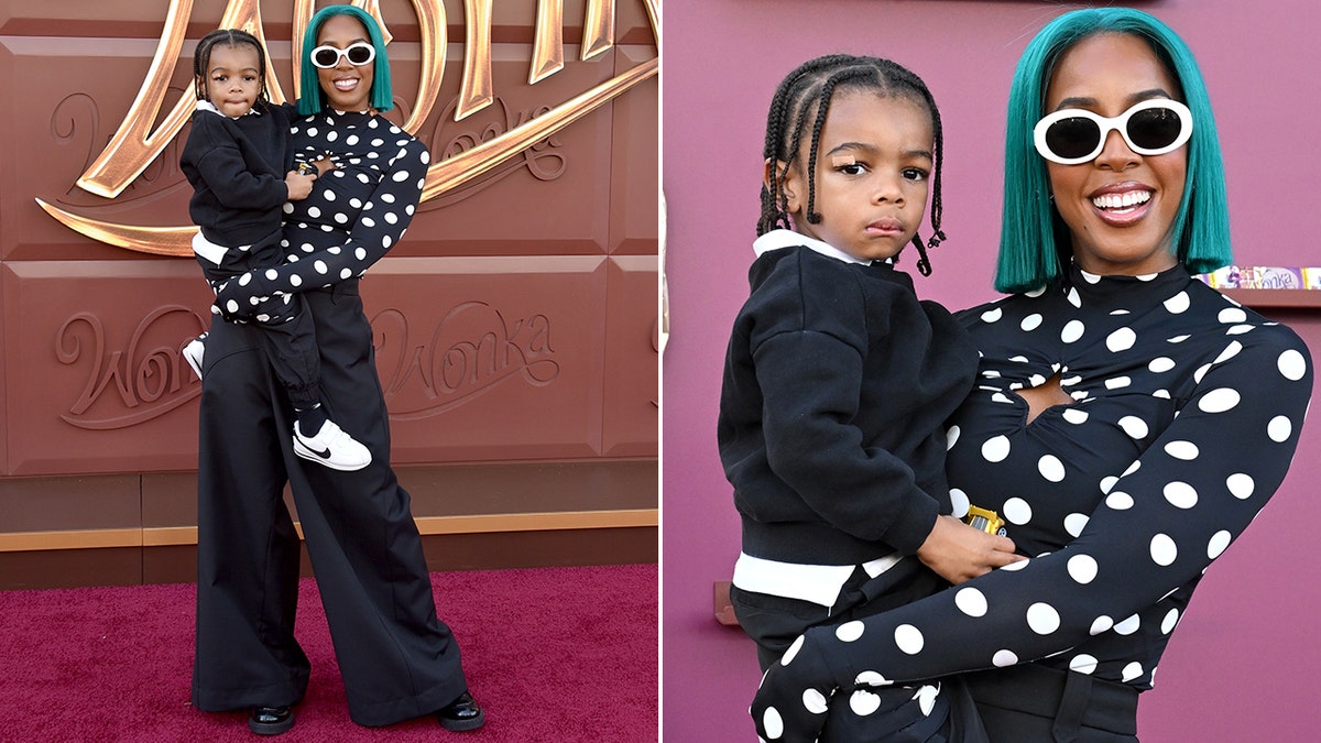 Kelly Rowland and her son at Wonka premiere