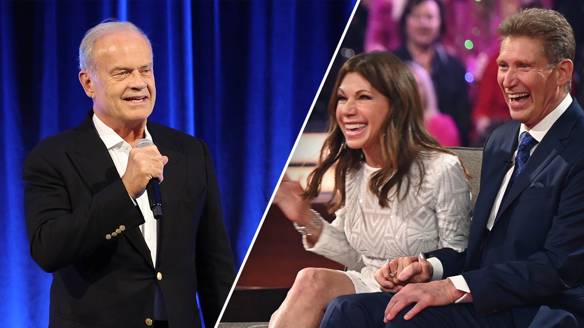 Kelsey Grammer in a black suit speaks on stage split Theresa Nist in a white dress laughs and leans forward on a couch with fiancé, "Golden Bachelor" Gerry Turner