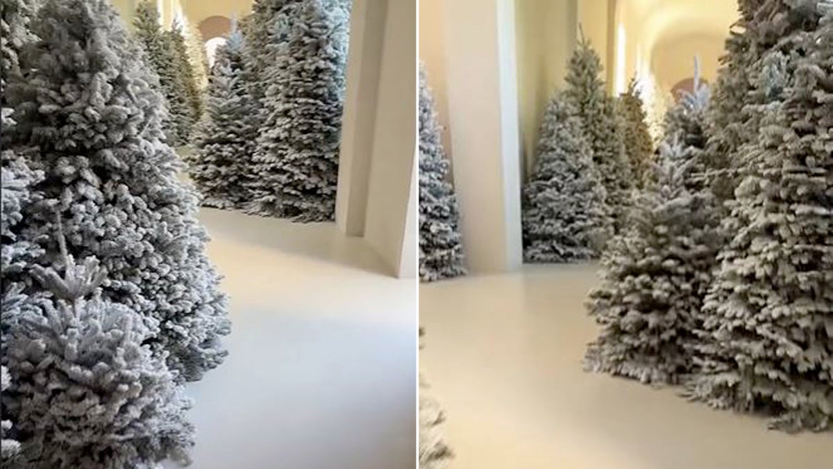 Kim Kardashian exibe enormes árvores de Natal brancas em casa