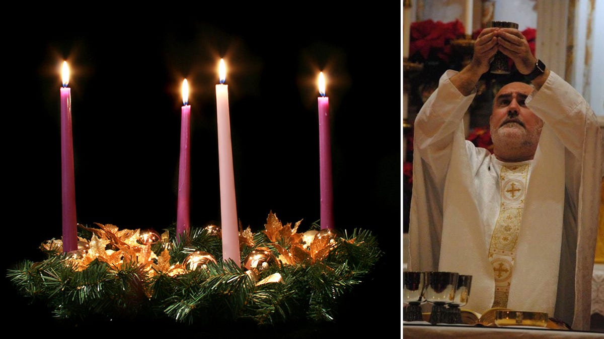 split of fully-lit advent wreath and Fr. Krupp consecrating the Eucharist