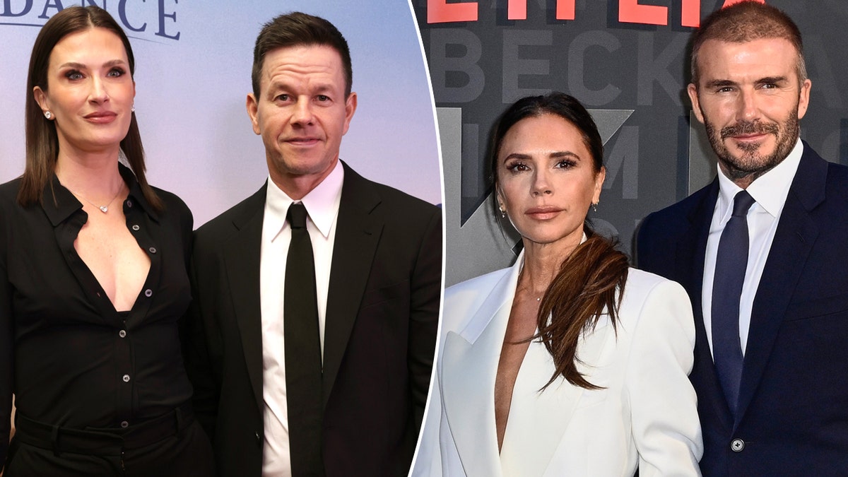 Mark Wahlberg with his wife Rhea next to a split of the Beckhams