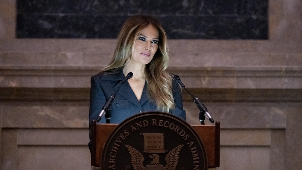 Former first lady Melania Trump speaks during a naturalization ceremony at the National Archives building in Washington, D.C., on Dec. 15. Trump made a rare public appearance on Friday to deliver a speech at the ceremony as 25 immigrants were sworn in as U.S. citizens.
