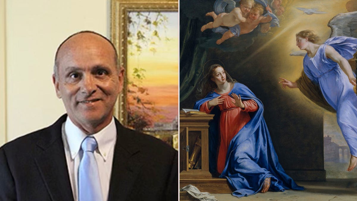 Dr. Miravalle split with painting of the Annunciation
