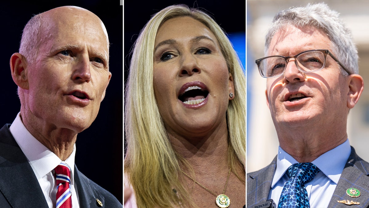 Sen. Rick Scott, left, Rep. Marjorie Taylor Greene and Rep. Brandon Williams reported "swatting" incidents at their homes this week.