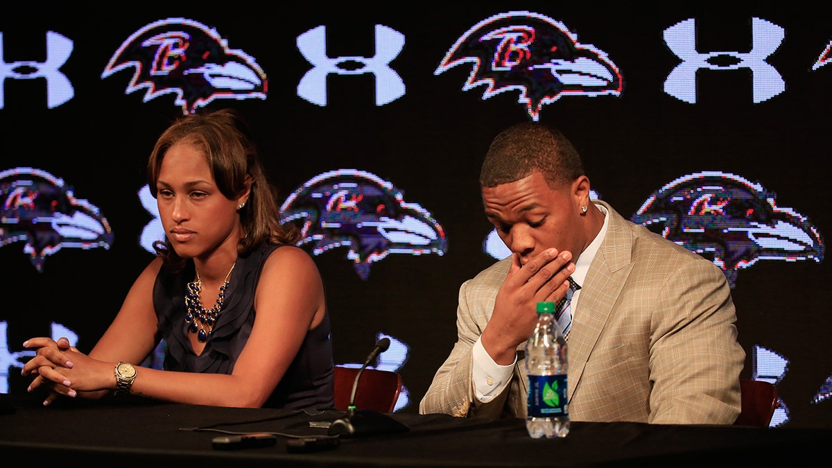 Running back Ray Rice of the Baltimore Ravens pauses while addressing a news conference with his wife Janay at the Ravens' training center May 23, 2014 in Owings Mills, Md.