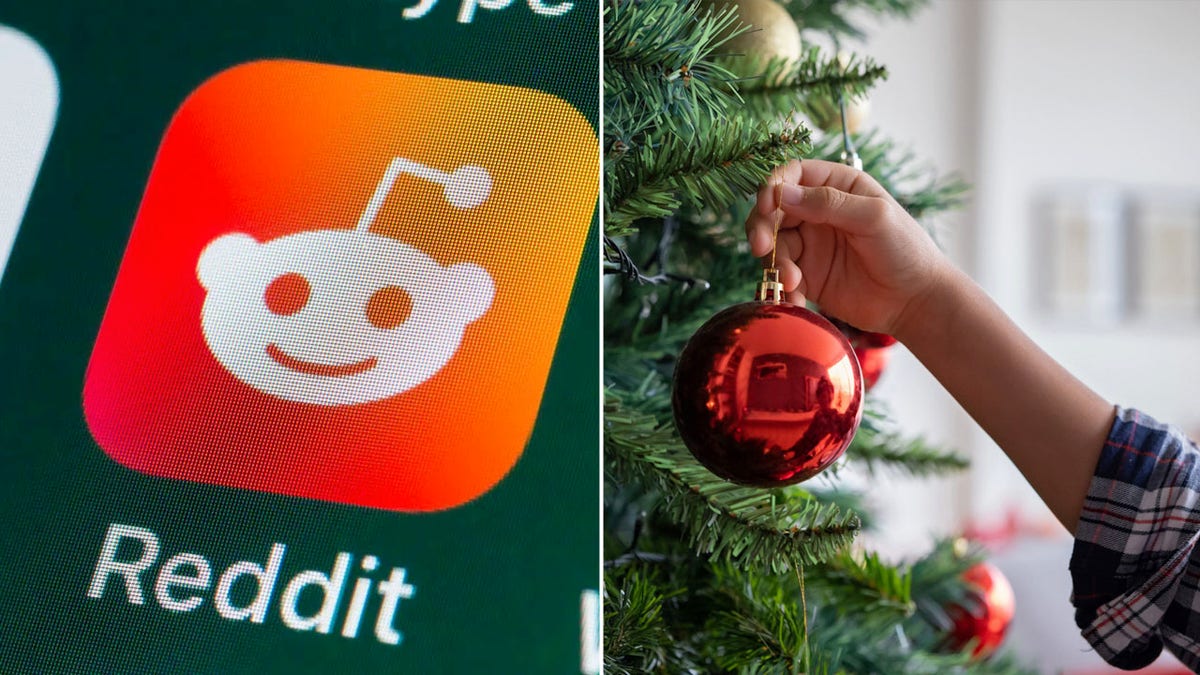 a split of the Reddit logo with a Christmas tree being trimmed