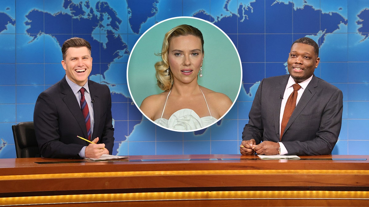 Picture of Colin Jost and Michael Che sitting at the Weekend Update desk on "SNL" inset a photo of Scarlett Johansson in a white halter dress on the carpet