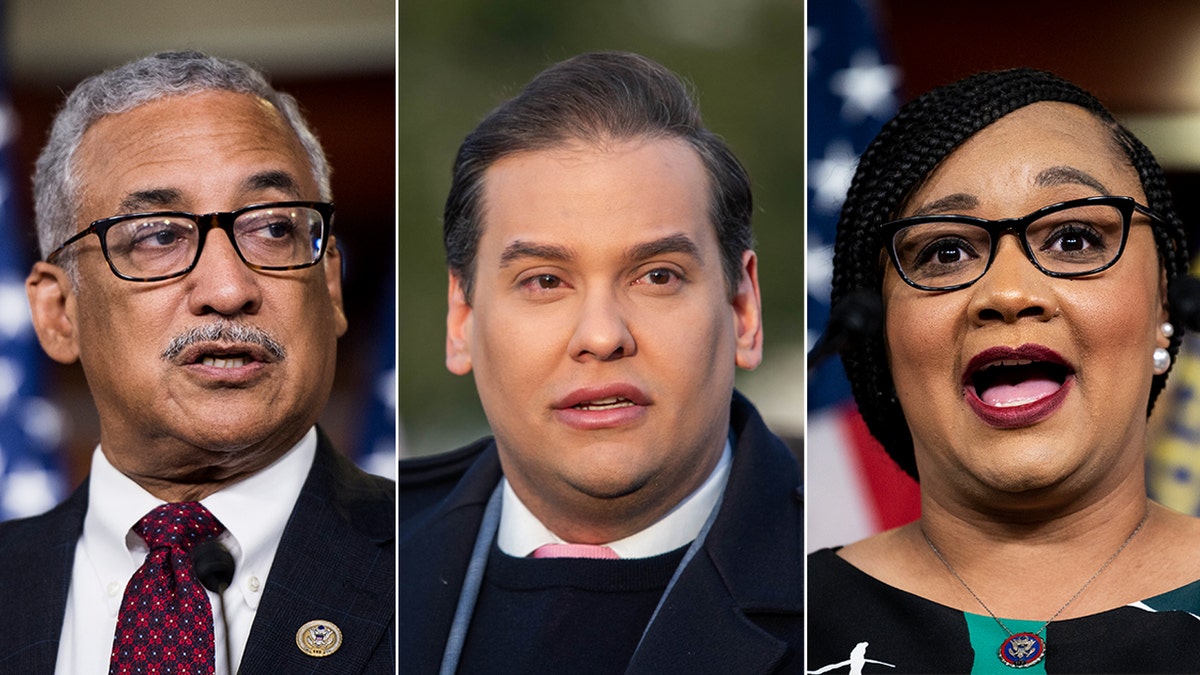 From left to right: Reps. Bobby Scott, D-Va., George Santos, R-N.Y., and Nikema Williams, D-Ga.