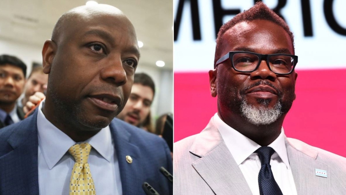 Sen. Tim Scott, left, Chicago Mayor Brandon Johnson, right