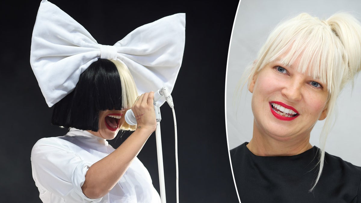 A cantora Sia usa um enorme capacete e exibe cabelo loiro platinado