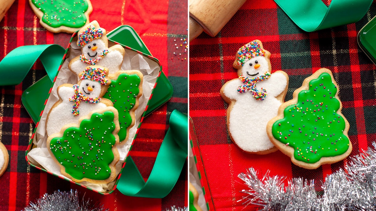snowman and christmas tree sugar cookie split