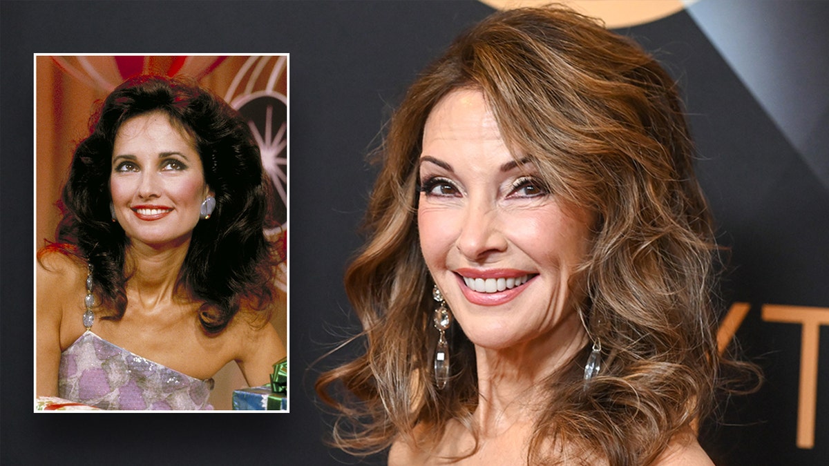 Susan Lucci at the Daytime Emmys looks up and to her left on the carpet inset a photo of a younger Susan Lucci