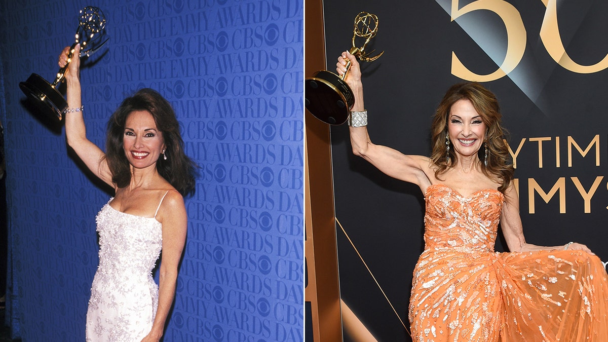 Susan Lucci in 1999 after winning her first Daytime Emmy Award (L) and Susan Lucci in 2023 winning the Lifetime Achievement Award. She holds the trophy up with her right arm in both pictures