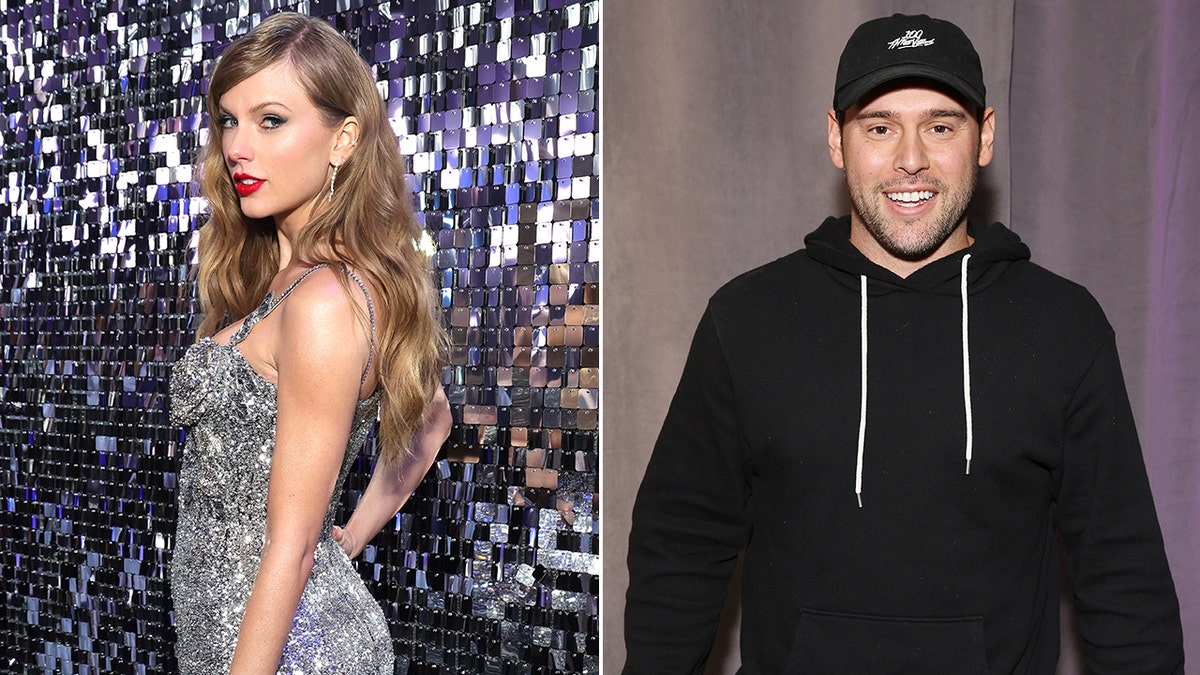 Taylor Swift in a sparkly gown at Beyonce's premire split Scooter Braun in a black sweatshirt and hat