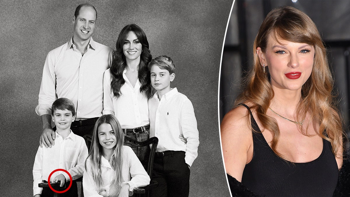 The royal family poses for a Christmas card in a black and white photo but a little red circle is shown around Louis hand where there seems to be a photoshop error split Taylor Swift in a black dress smiles for the camera