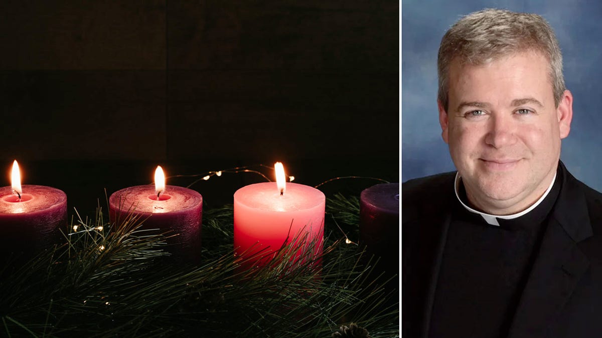 three advent candles lit split with Fr. Kirby