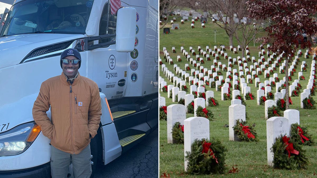 Split of Keshon Patterson in front of his truck with Arlington Cemetery headstones with wreaths