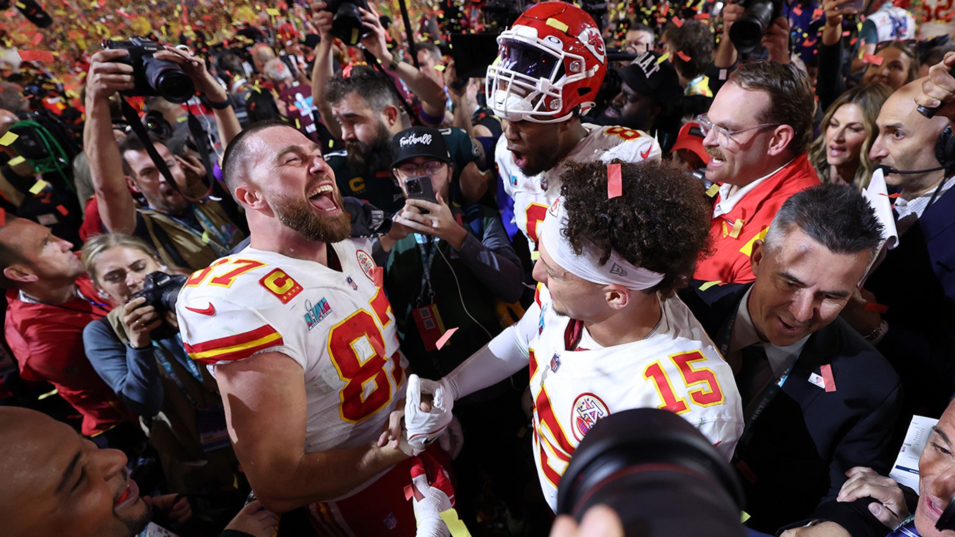 Travis Kelce and Patrick Mahomes celebrate winning the Super Bowl