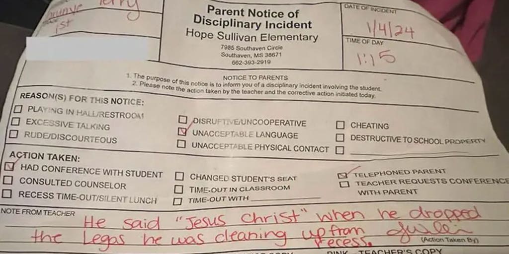 Mississippi mother's post of son's school writeup for saying 'Jesus Christ' goes viral - Vimarsana News