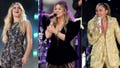 This combination of photos shows Kelsea Ballerini, left, Kelly Clarkson, center, and Miley Cyrus, right. All three singers have music nominated for Grammy awards this year.