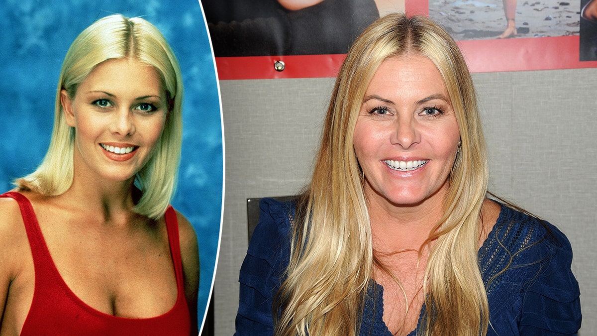 Nicole Eggert in a red bathing suit for Baywatch split Nicole Eggert now, smiling