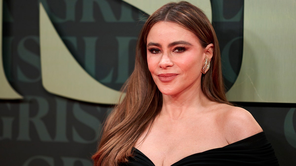 Sofia Vergara in a black off the shoulder dress on the carpet