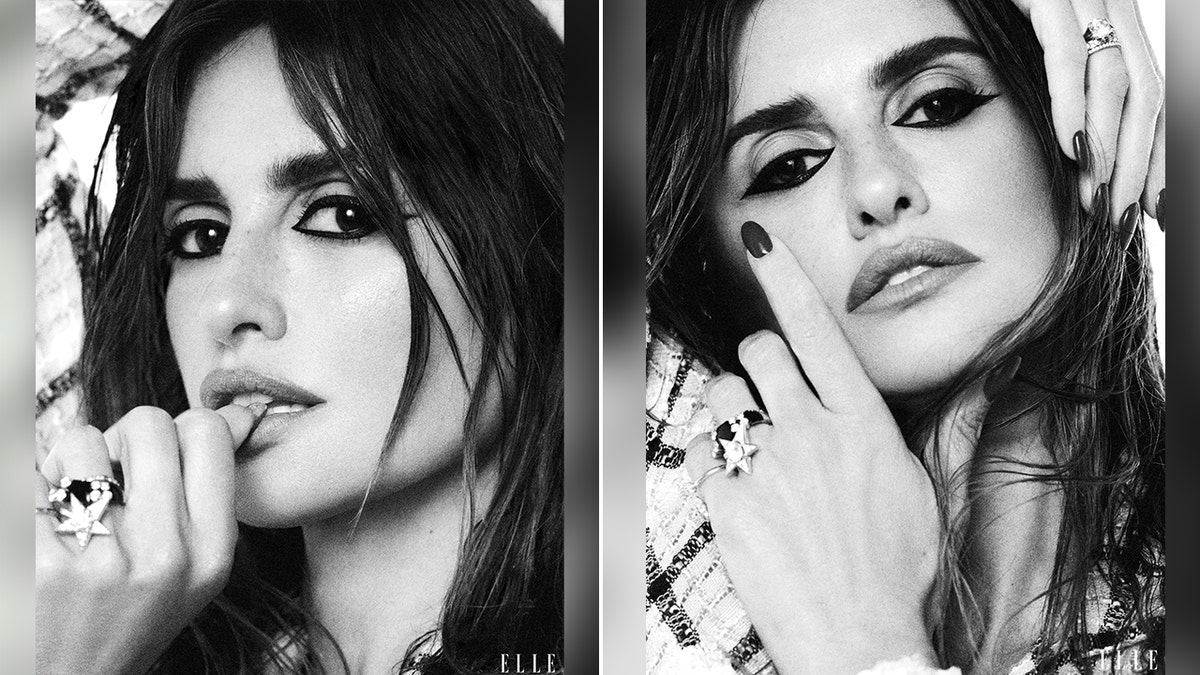 Penélope Cruz in two black and white photographs with her hands around her face for Elle