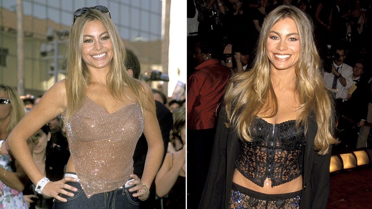 Sofia Vergara with blonde hair at an event in Los Angeles with hands on her hips split Sofia Vergara in a black outfit at an event