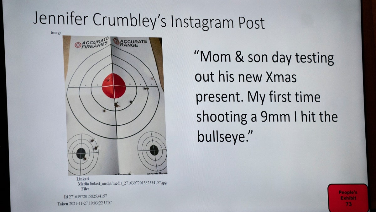 An Instagram post made by Jennifer Crumbley is shown in the courtroom during her trial, Thursday, Jan. 25, 2024, in Pontiac, Mich. Jennifer Crumbley is charged with involuntary manslaughter in the Nov. 30, 2021, attack at Oxford High School. 