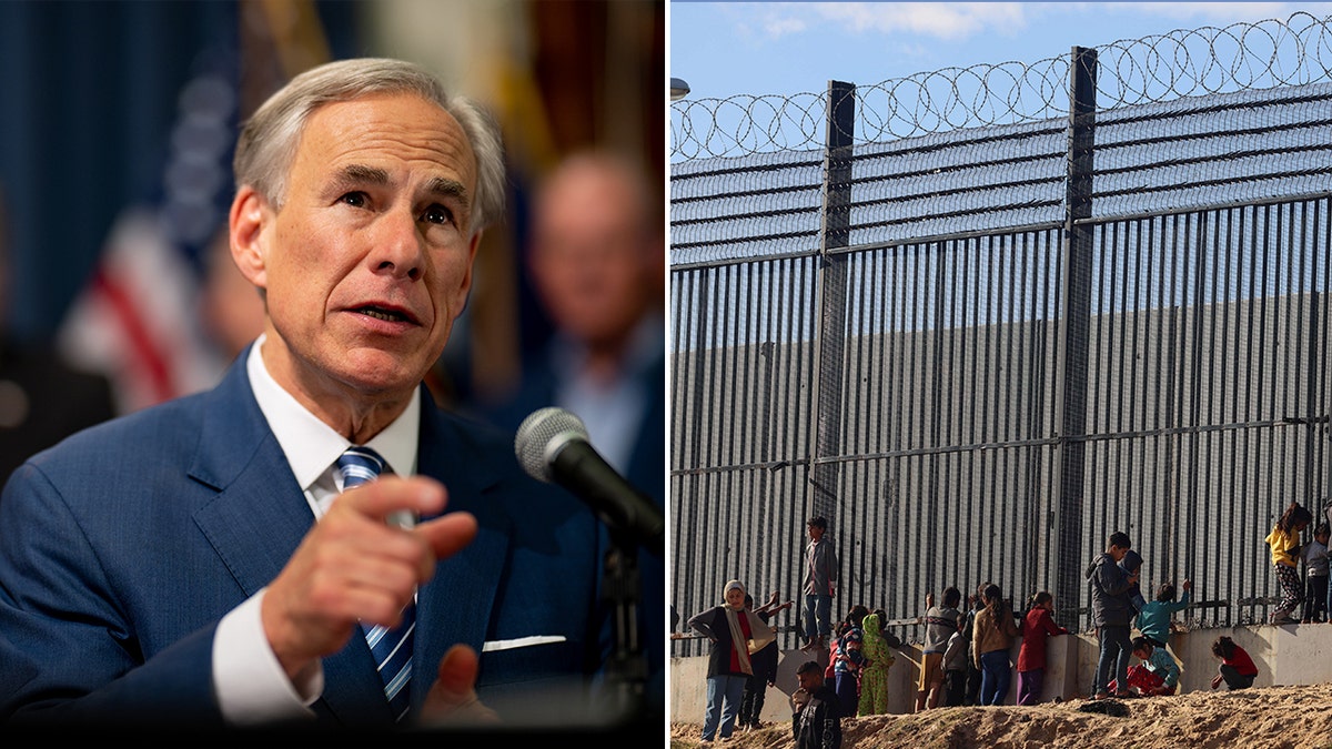 split: Gov. Greg Abbott, R-Texas, left; border wall, right
