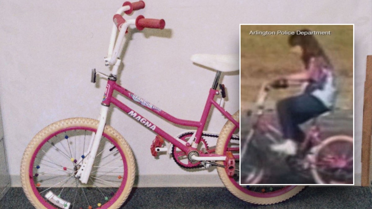 Amber Hagerman riding a pink and white MAGNA bike, inset above a close-up photo of the bike