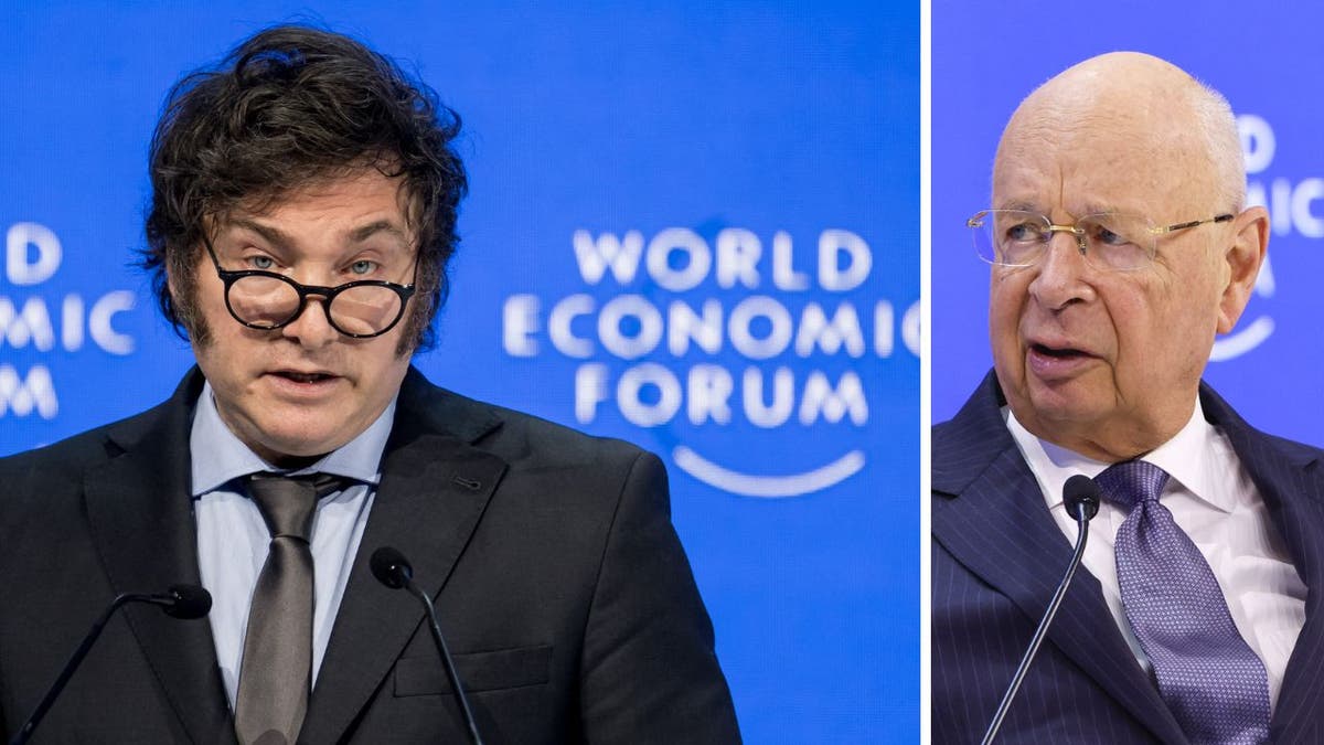 A collage of Argentinian President Javier Milei, left, and World Economic Forum founder and Chair Klaus Schwab, right