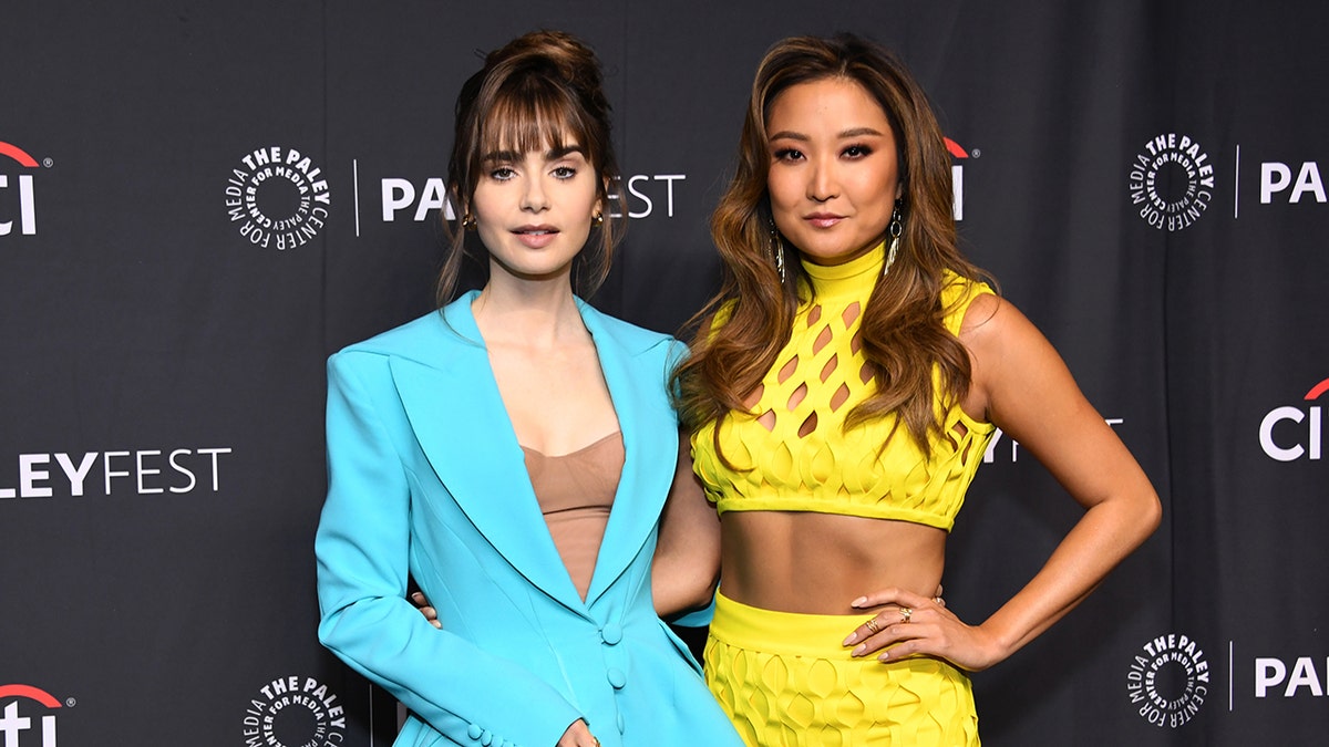 Lily Collins and Ashley Park on a red carpet