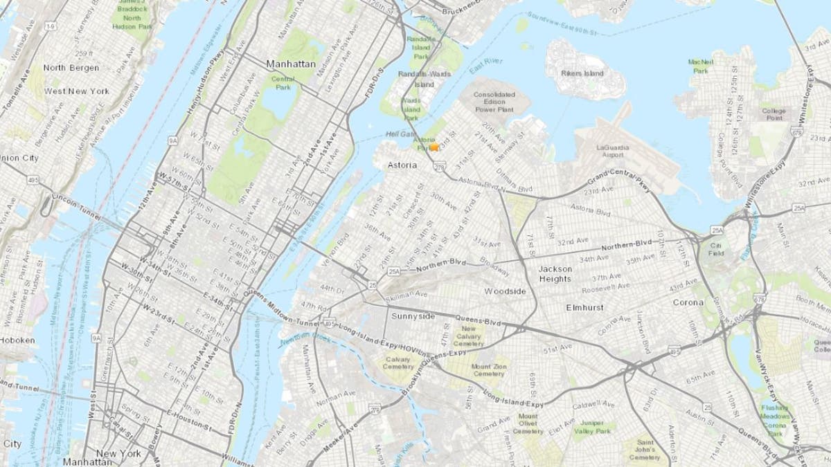 A map showing the area where an earthquake struck New York City