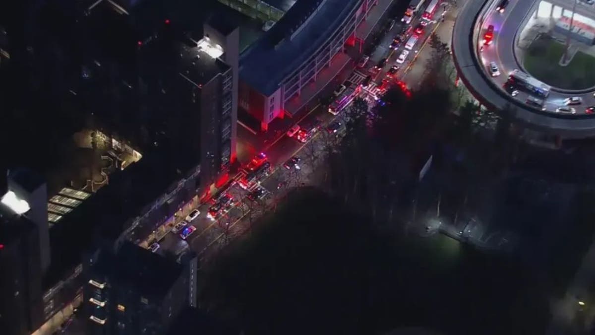 An aerial shot of emergency vehicles