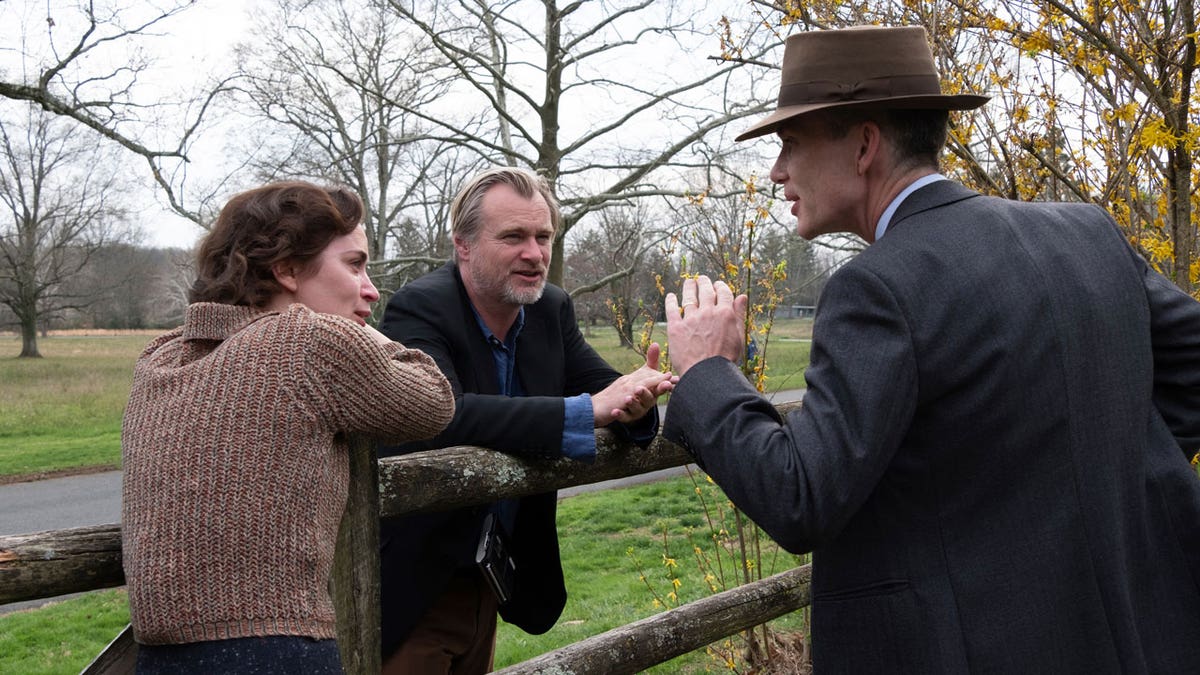 Emily Blunt, Christopher Nolan, and Cillian Murphy on the set of "Oppenheimer"